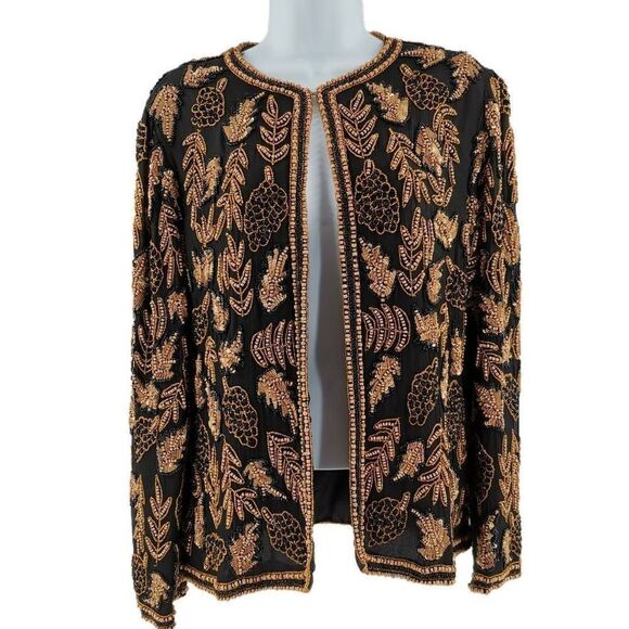 Vintage Black Silk Jacket with Tan, Gold, and Black Beads & Sequins | Candleligh - Picture 1 of 3